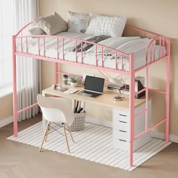 GARVEE Loft Bed with Ladder and Arched Guardrail - Enhanced Safety with 15-Inch Guardrail and Anti-Tip Brackets, Heavy-Duty Steel Slats Support Up to 350 Lbs, Durable and Safe for Kids and Adults