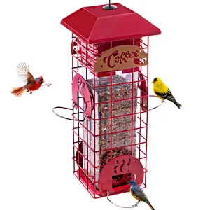 Squirrel Proof Bird Feeders for Outdoors Metal Mesh Hanging Bird Seed Feeders for Outside Pole Weight -Activated & 4 Adajustable Perschs 2.2 lbs Capacity (Red)