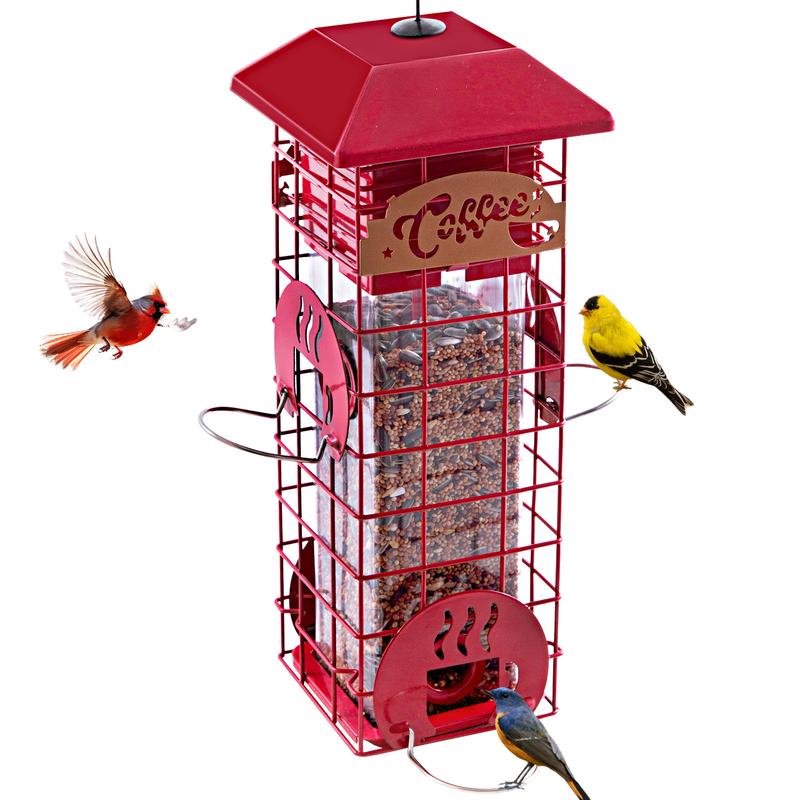 Squirrel Proof Bird Feeders for Outdoors Metal Mesh Hanging Bird Seed Feeders for Outside Pole Weight -Activated & 4 Adajustable Perschs 2.2 lbs Capacity (Red)