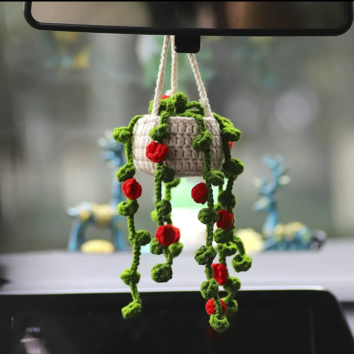 Cute Potted Plant Design Car Hanging Ornament,Knitted Car Rearview MirrorHanging Accessories, Car Interior Decoration Accessories