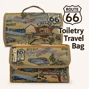 Route 66 Hanging Toiletry Bag Vintage Tapestry Travel Organizer for Men Women Foldable Makeup Cosmetic Pouch with Hook Multi Compartment Storage for Bathroom Road Trip Vacation Use