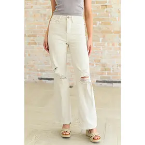 Selena High Rise Distressed 90's Straight Jeans in Bone