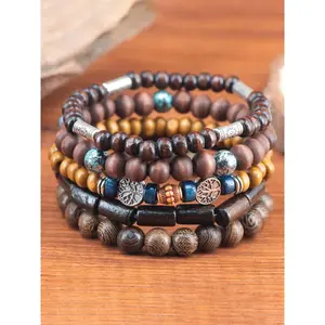 Boho Style Wooden Beaded Bracelet, Vintage Trendy Bracelet, Fashionable Jewelry for Women & Girls for Daily Decoration, Beaded Bracelet Set