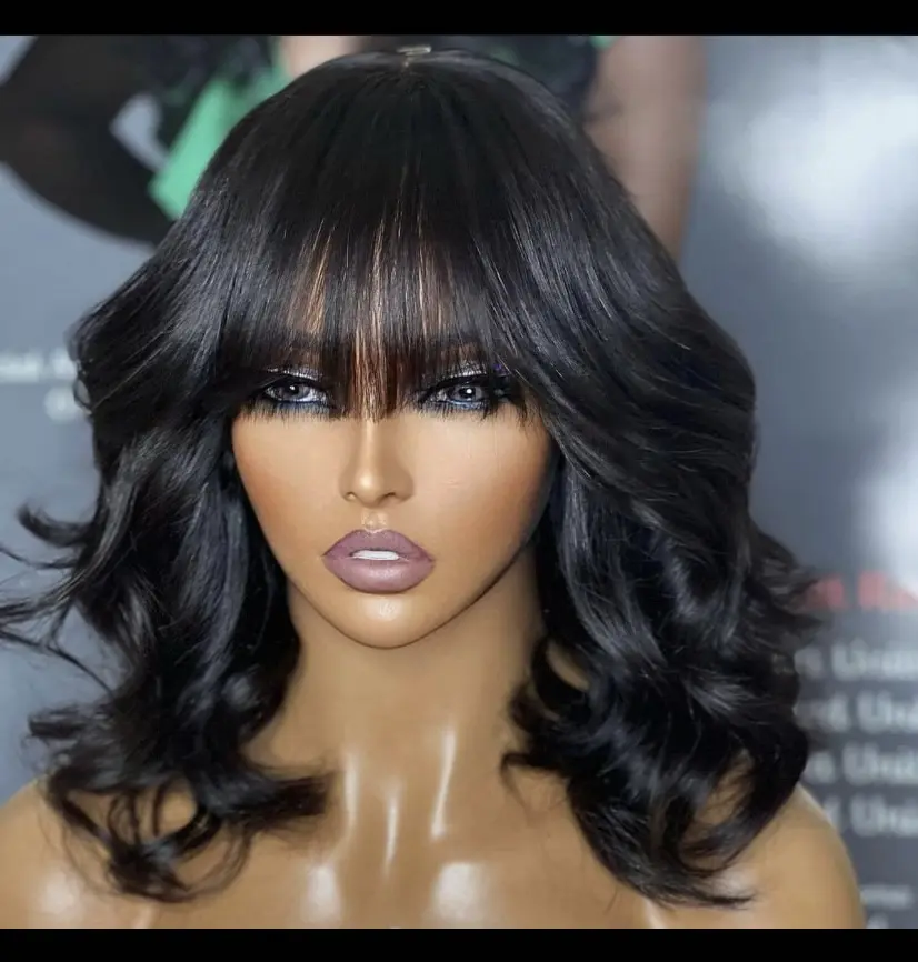 Luxurious Short Bob Style Wavy Bangs Wig, Natural Human Hair Wig, Black Short Wig with Bangs, Wig for Black Women, Luxury Wigs, Alopecia Wig