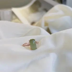 Cat Eye Hetian Jade Ring, Rectangle Natural Nephrite with Gold Plated Silver Band