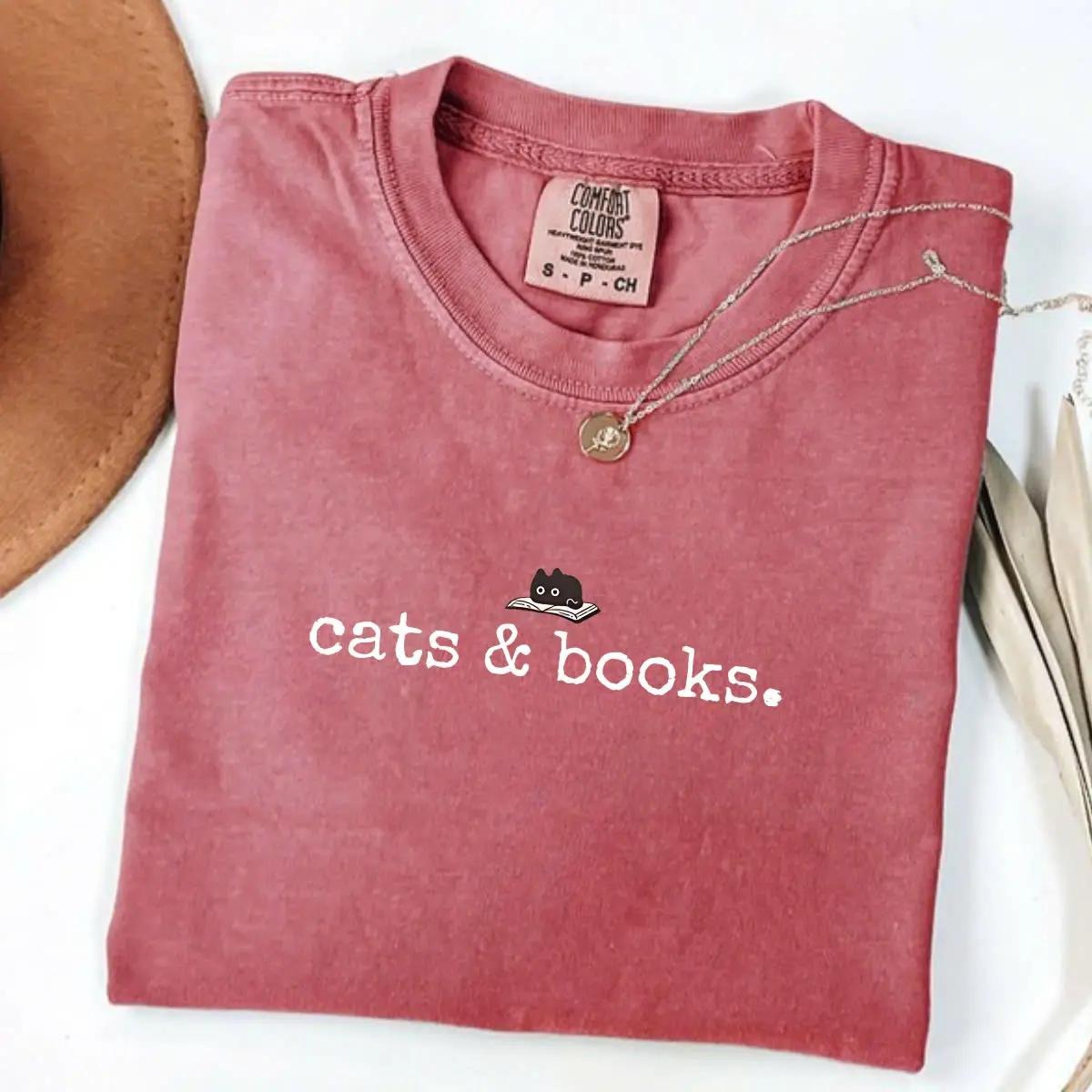 Comfort Colors Cats & Books Shirt, Book Lover Graphic Tee, Cute Cat Lady T-Shirt, Reading Aesthetic Top, Librarian Bookish Gift Tee for Women