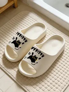 1 Pair Funny Black Cat Letter Printed Thick Sole Slippers, Sweet Cool Personalized Style, Non-slip Soft Sole, Indoor & Outdoor Dual-use, Open Toe Slides, Casual Slippers