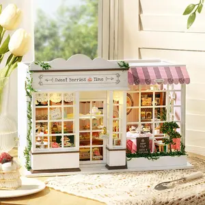 DIY Wooden Dollhouse Kit, 3D Miniature Miniature House Kit Kit with Furniture, Creative Dessert Shop Model with LED Light & Dust Cover, Creative Gift, Cute Desktop Decoration