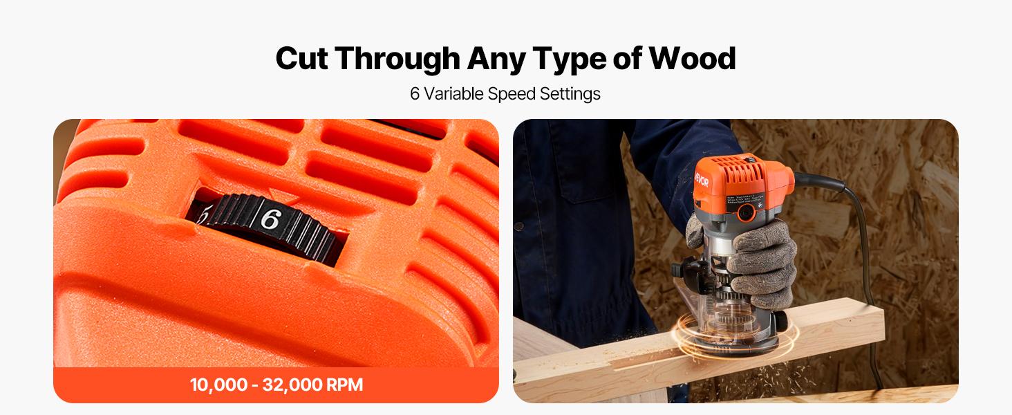 VEVOR Wood Router, 1 HP 710W, Variable Speed Palm Router Tool with Soft Start, Compact Wood Edge Trimmer with Fixed Base & 1/4-Inch Collet, Dust Hood, for Woodworking, Trimming, DIY Projects, Corded
