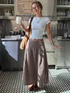 American Vintage Brown Plaid Low Waist Casual Skirt, Street Style Versatile Loose A-Line Long Dress, Holiday Woven Skirt for Women, Flowy Cheeky Skirts, Street Fashion Skirt