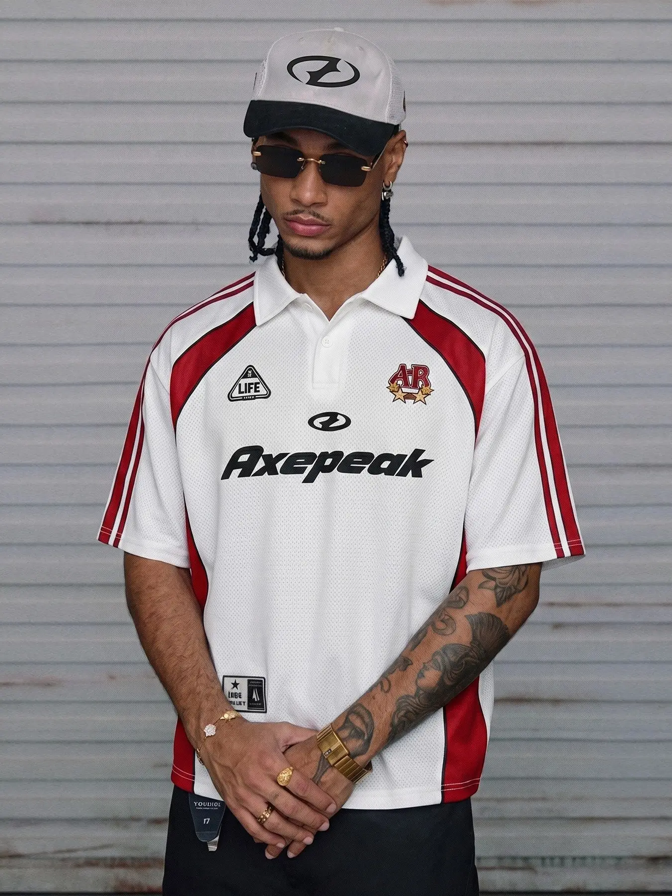 Men's Red White Panel Axepeak Print Mesh Polo Shirt, Y2K Streetwear Oversized Polo Tee, Summer Casual Breathable Mesh Streetwear Shirt, For Daily Wear, Skate, Streetwear, Loose Polo Shirt