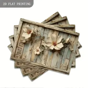 2D flat printing, 2-piece/4-piece set, dining table mat set, Floral pattern placemat, rural floral wood grain home dining mat, holiday decoration, retro washable dining mat, suitable for indoor outdoor party kitchen decor