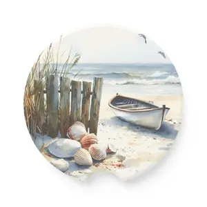 Coastal Car Coaster | Beach Boat and Seashell Design | Nautical Car Accessory | Ocean Lover Gift | Coastal Decor for Car Cup Holder