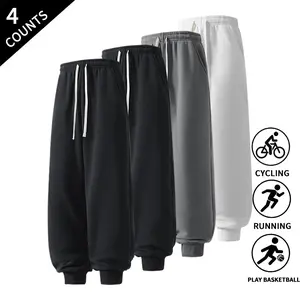 4-Pack Men’s Straight-Leg Athletic Pants with Cuffs, Stretch Fabric, Drawstring, Casual Workout Pants