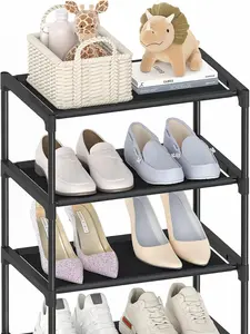 4 Tier Small Shoe Rack, Narrow Stackable Storage Organizer for Kids, Adults, and More