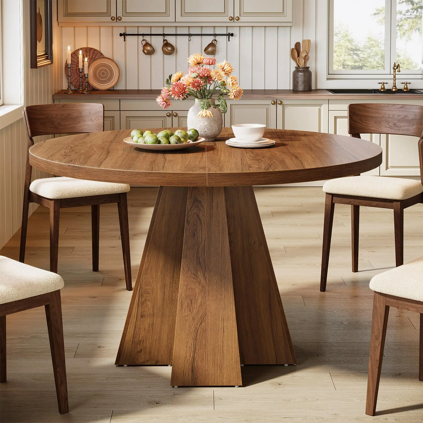 Tribesigns Space-Saving Walnut Brown Dining Table for Kitchen/Living Room - Round Pedestal Base for Farmhouse Style, Seats 4