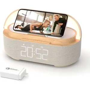 Bluetooth Speaker Alarm Clock with Wireless Charger, FM Radio, Adjustable LED Night Light, 6 in 1 Bedroom Portable Speaker 2500mAh, Phone Stand for Bedside, Home, Office, Gift (Wood)