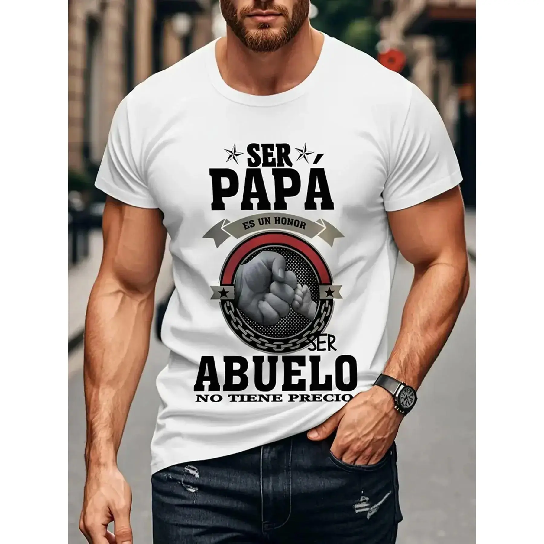 Men's Spanish Grandpa & Dad Pride T-Shirt - 100% Cotton "Ser Papa Es Un Honor/Ser Abuelo No Tiene Precio" (It's an Honor to Be a Father/Grandfather) Bold Text & Fist/Chain/Star Graphic, Casual Crew Neck Short Sleeve Tee for Spanish-Language