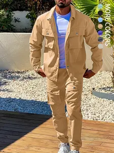 Men's Solid Color Utility Pants Set, Large Pocket Jacket & Drawstring Joggers, Fashionable & Comfortable, Ideal for Trendsetters