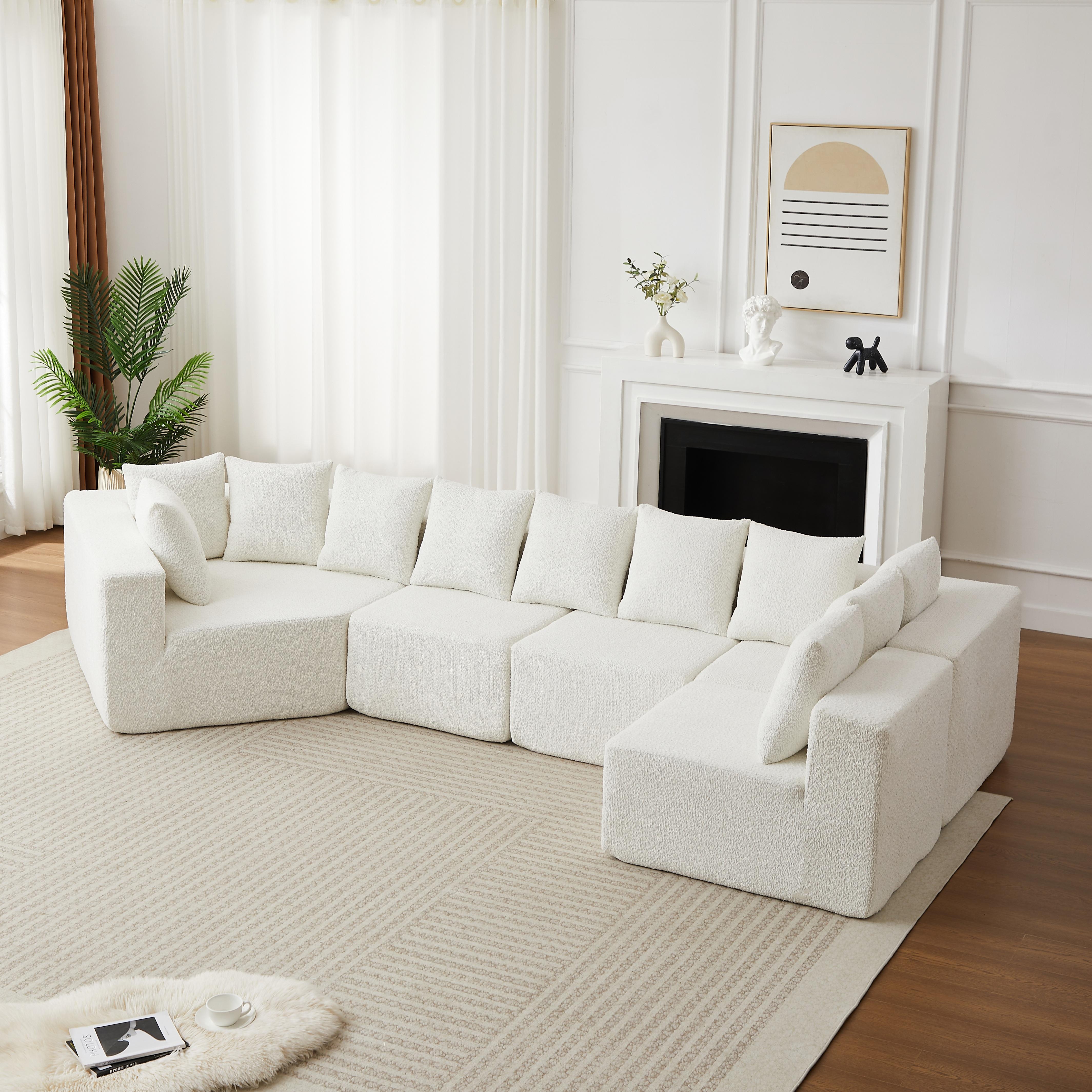 [Niccae] 151.6-inch extra-large L-shaped deep-seat modular sofa, chenille fabric sectional sofa, includes 11 cushions, curved chaise lounge, floor-standing living room sofa, no assembly required, beige and black.