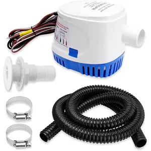 12V 1100 GPH Automatic Boat Bilge Water Pump, 1-1/8 Inch Dia Bilge Pump Plumbing Kit with 6FT Hose 2 Clamps Thru-Hull Fitting, Ideal for Fishing Boats Cruisers Runabouts Yachts