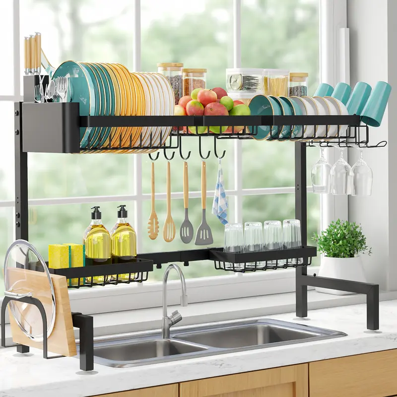 Black Adjustable 2-Tier Over-The-Sink Expandable Drying Rack with Drain Board, Stainless Steel, Fitting Countertop, 32"-39.5"x12"x25" Adjustable Length, Corrosion Resistant, Cutlery Utensil & Cup Holders, X-Large Capacity Kitchen Storage Organizer