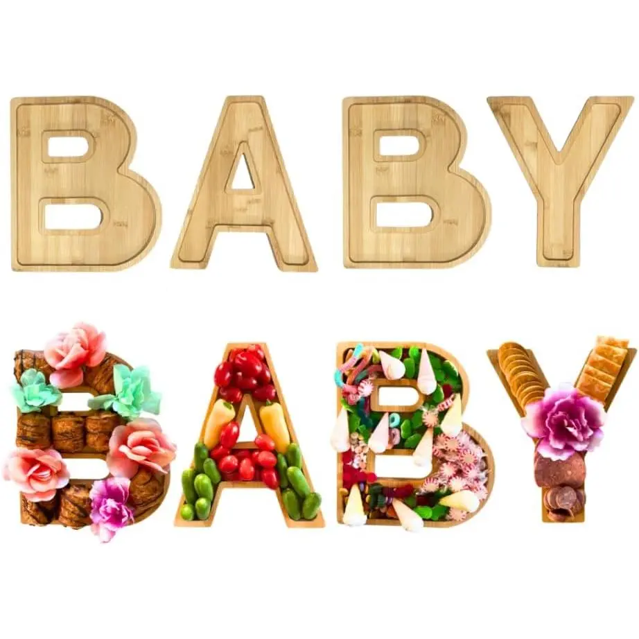 4Pcs Deeper Edge 11.2'' Bamboo Baby Letter Charcuterie Boards|Serving Trays for Cheese Vegetables Fruits Treats Food Charcuterie Platter|Baby Letters for Baby Shower Gender Reveal Decorations