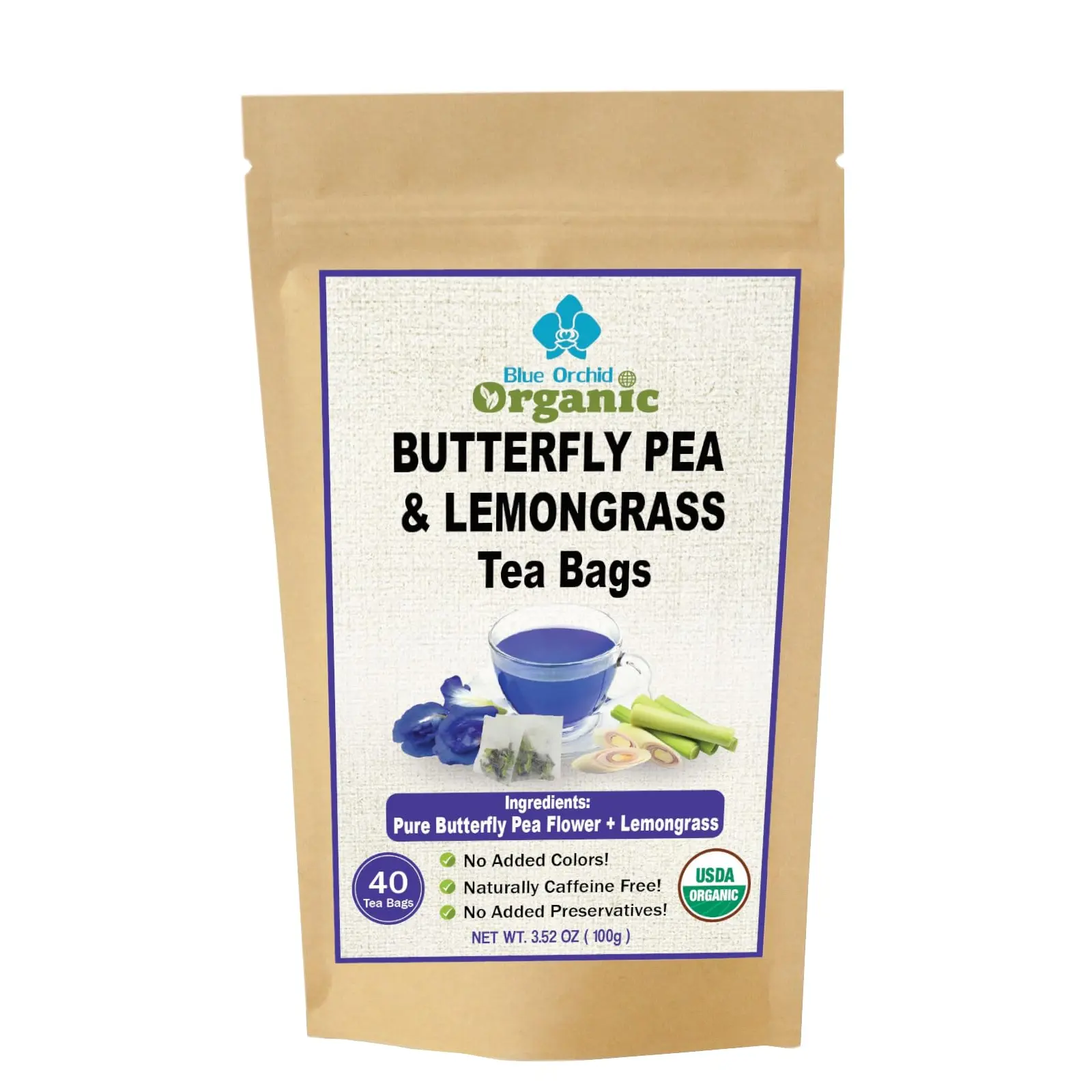 Organic Butterfly Pea Flower and Lemongrass Tea Bags - Citrusy Blue Superfood Herbal Drink - Caffeine Free - 40 Natural Corn Fiber Sachets