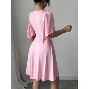 [Elegant Midi Dress] Pink Elegant V-Neck Midi Dress |   Asymmetrical Hemline, Ruched Waist, Asymmetrical Sleeves - Perfect for Summer, Adult, Casual to Formal Wear