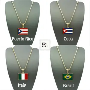 Flags of the World Pendant 2mm 18" 20" 24" Box Chain Necklace 14K Gold Plated Puerto Rico Cuba Dominican Republic Brazil Honduras Mexico Jamaica and more Flag Design