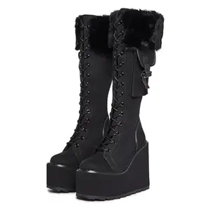 Platform Knee High Boots For Woman Round Toe Punk Goth Boots Lace up Chunky Wedge Heel Faux Fur Pouch Mid Calf Boots