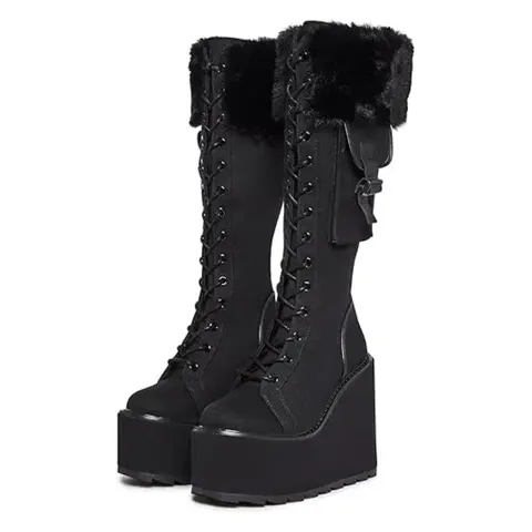 Women's Punk Goth Platform Knee-High Boots - Chic, Cute Footwear with Round Toe, Lace-Up Closure, Chunky Wedge Heel, Faux Fur Pouch, Platform Lift Shoes for Women
