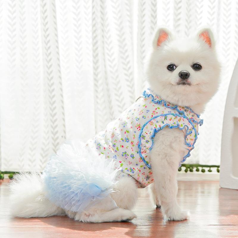 Pet Clothes Dog Cat Princess Mesh Dress Floral print Lace sleeveless Cute Breathable With Leash Ring D00048