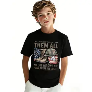 Boys' We Dont Know Them All But We Owe Them All Memorial Day 250th America Anniversary Shirt Short Sleeve T-Shirt - Cute Cartoon Print, Stretchy Breathable Fabric, Vibrant Black & White Casual Summer Top for Ages 3-16, Outdoor Play & Casual Attire