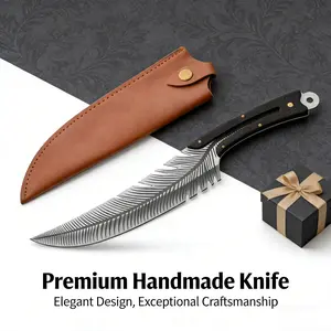 BIEZUMN-Advanced exquisite handmade straight knife, characteristic feather blade, made of high-hardness carbon steel, natural solid wood handle, with scbard, camping carry, home kitchen, a variety of use environments, gifts for family Wooden