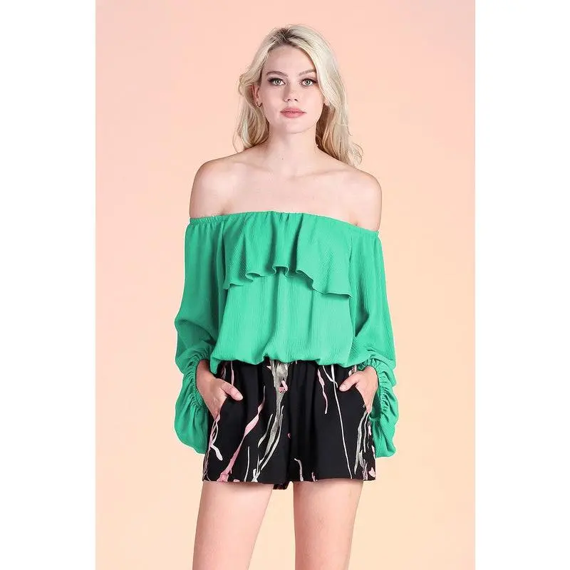 Alexina Off The Shoulder Ruffle Long Sleeve Top - Emerald