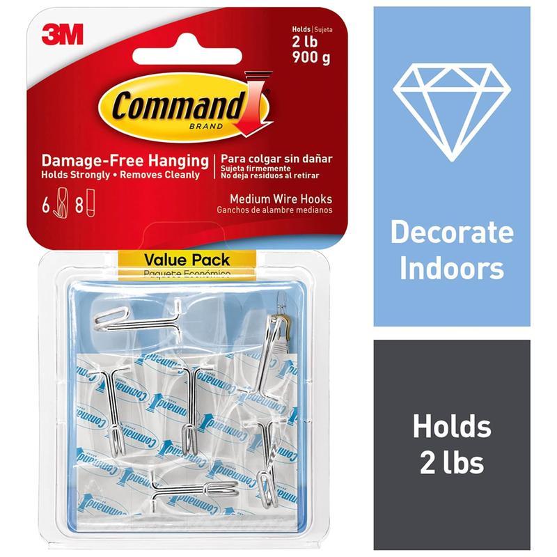Command Medium Wire Toggle Hooks, Damage Free Hanging with Adhesive Strips, No Tools Wall Hooks, 6 Clear Hooks and 8 Strips