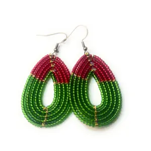Alili Red And Green Christmas  Color Handmade Seed Bead Dangle Earrings
