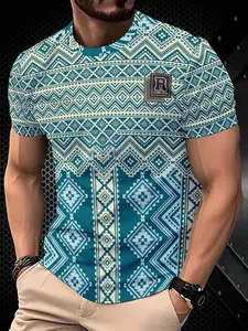 Men's Blue Tribal Geometric Short Sleeve T-Shirt, Bohemian Ethnic Style, Aztec Navajo Pattern, Slim Fit, All Seasons