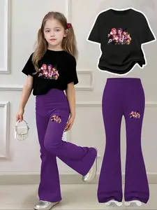 Girls' Cartoon Anime Print 2-Piece Set, Casual Sportswear, Comfortable Elastic Waist Pants, Kids Summer Fall Winter