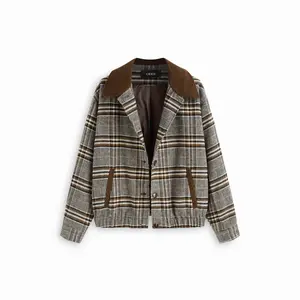 Cider Wool-look Plaid Collar Long Sleeve Colorblock Button Oversized Shacket