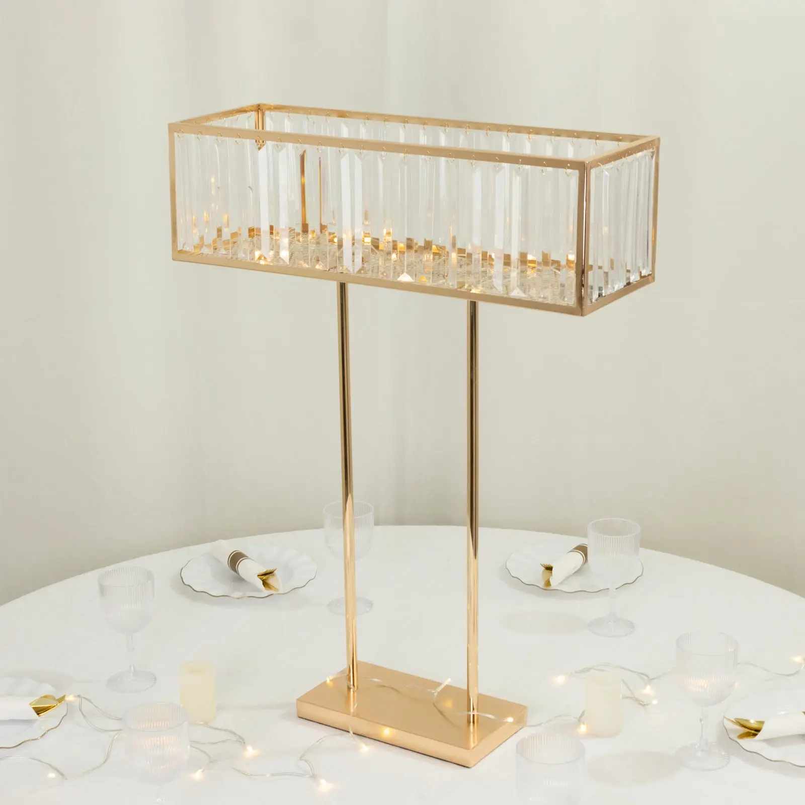 32" Tall Gold Crystal Pendant Metal Flower Stand - Home Supplies Rectangular Centerpiece Vase, Party Decor for Weddings, Engagement Parties, Baby Shower, Birthdays