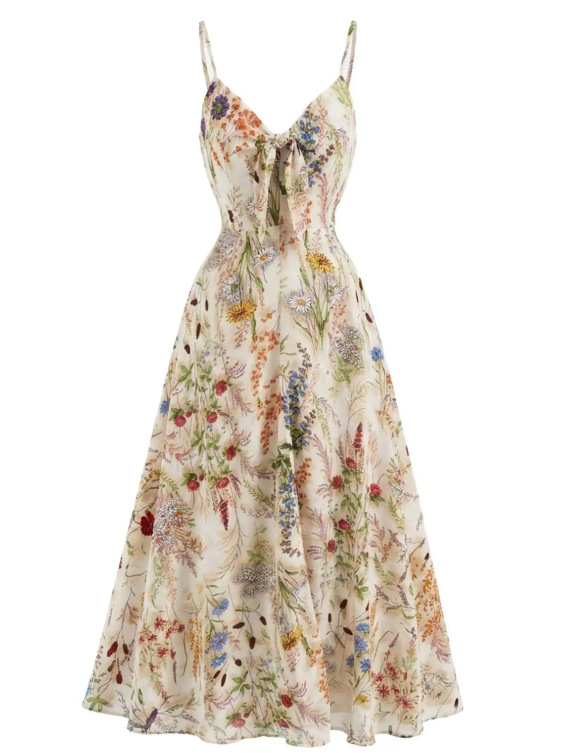 Multicolor 1930s Floral V-Neck Bohemian Slip Dress women long sundress,summeroutfits,vacationoutfits,beachoutfits