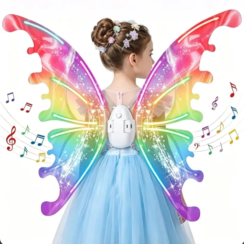 LED Light Sheer Electric Fairy Butterfly Wings for Girls - Auto Flapping, Music-Enabled, Adjustable Strap, Fairy Aesthetic Kids Party Costume Accessory for Halloween, Bonfire Events, Wall Hanging Decor, Kids Birthday