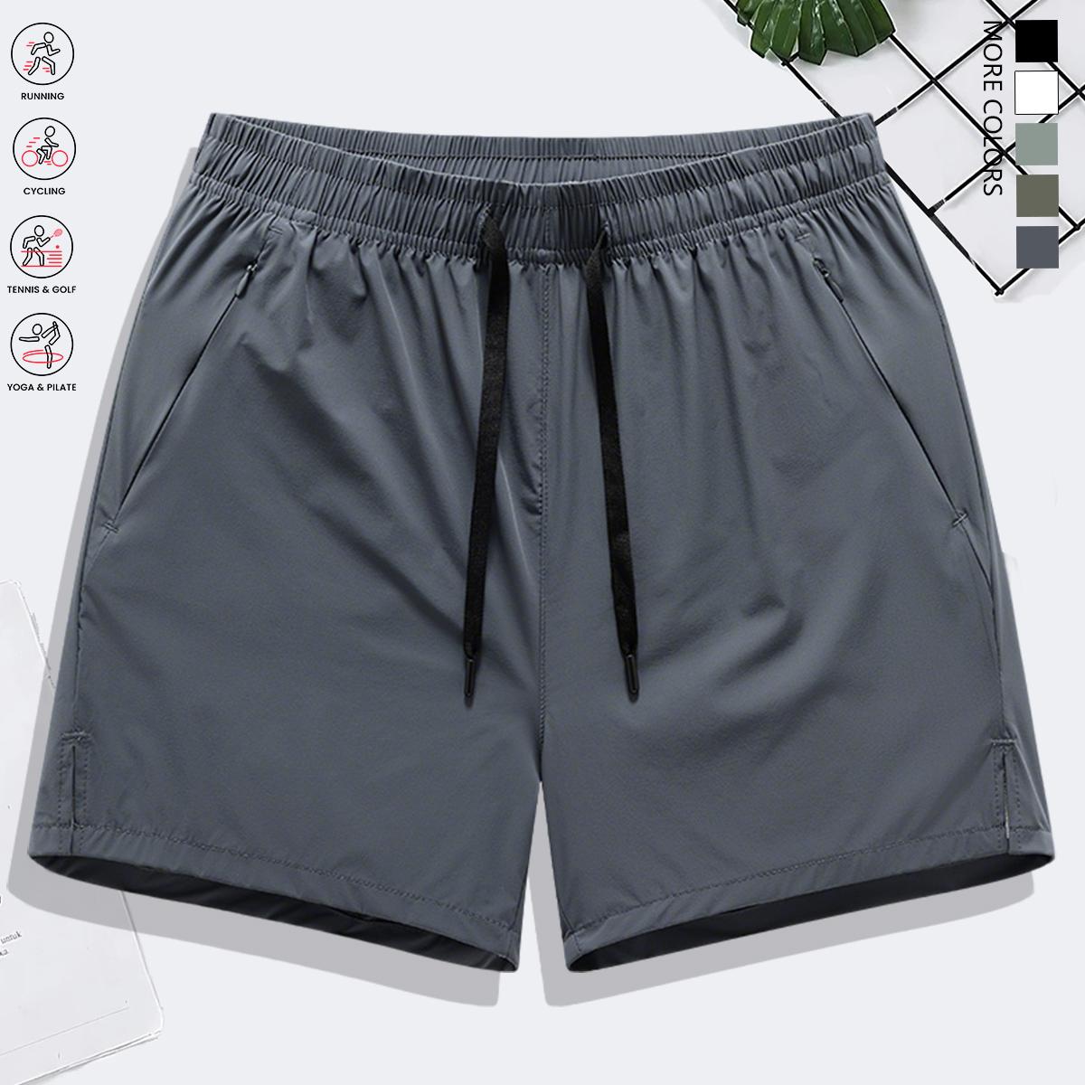 Men’s solid-color casual shorts with zippered pockets; summer fashion drawstring athletic shorts suitable for fitness and outdoor wear; comfortable shorts with a casual, minimalist style featuring letter print and drawstrings.