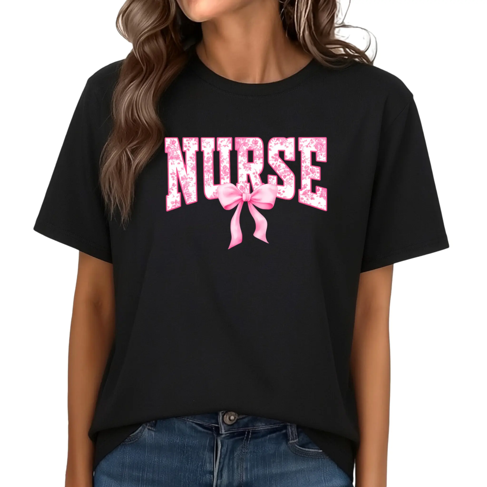 Nurse Bow Shirt, Pink Coquette Nurse TShirt, Nurse Gift For Women, Nurse Floral Tee, Toile de Jouy Registered Nurse Shirt, Casual Cotton Graphic Tee