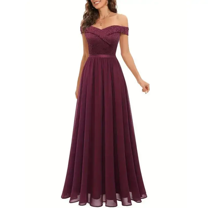 Elegant burgundy off shoulder lace chiffon bridesmaid dress - sleeveless A-line evening gown with pleated details, hand washed/dry cleaned, nylon and spandex blend fabric women's collar printed blue chic solid color comfortable ba Elegant burgundy off shoulder lace chiffon bridesmaid dress - sleeveless A-line evening gown with pleated details, hand washed/dry cleaned, nylon and spandex blend fabric women's collar printed blue chic solid color comfortable ba