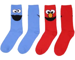 Sesame Street Socks Cookie Monster And Elmo Character Adult Fuzzy Plush Crew Socks 2 Pack For Women Men