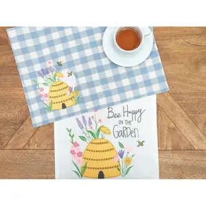 13"x72" Bee Happy In Blue Embroidered Table Runner by Valerie