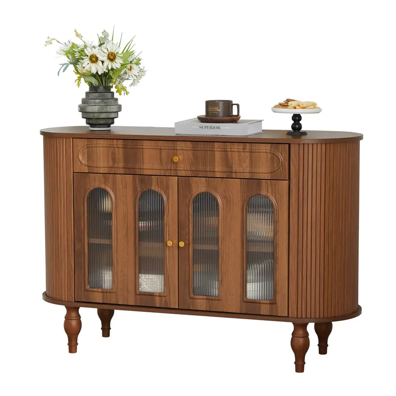 Giratree 47'' Fluted Sideboard Buffer Cabinet with Drawer, Modern Credenza Storage Cabinet, Bar Cabinet Console Table with Tambour Sliding Side for Living Dining Room Kitchen Hallway Entryway